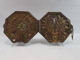 pair of antique brass and glass trays with birds and flowers