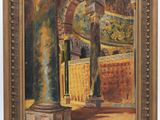 an oil painting of a building with columns and arches