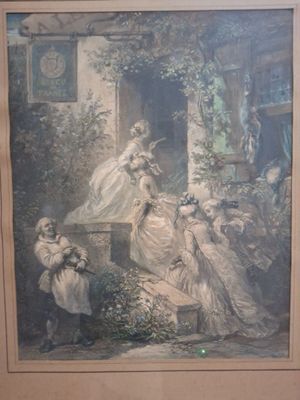 framed picture of a painting of a woman and children in a garden
