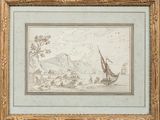 un dessin représentant un paysage avec des bateaux au premier plan et des montagnes à l'arrière-plan