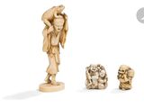 three carved ivory figurines of a woman carrying a basket