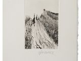 black and white photograph of people walking down a dirt road