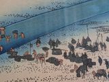 an image of a painting of people on a beach with horses