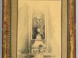 an old drawing of a vase on a table in a frame