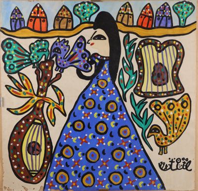 painting of a woman holding a vase with flowers in it