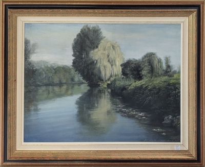 une peinture à l'huile représentant une scène fluviale avec un saule au premier plan
