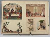 an open book with pictures of people in a dining room