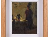 tableau représentant une femme debout devant une table sur laquelle se trouve un vase de fleurs