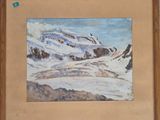 une peinture à l'huile représentant une montagne enneigée avec un ciel bleu en arrière-plan