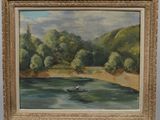 une peinture à l'huile représentant un homme dans un bateau sur une rivière