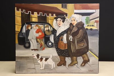 un tableau représentant deux personnes et un chien dans la rue