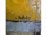 abstract painting of yellow and blue with black text on a white background