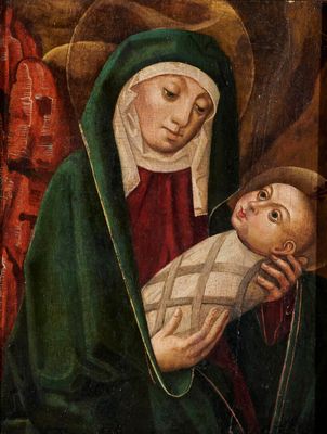 École flamande du XVIè siècle "Vierge à l'enfant emmailloté,…