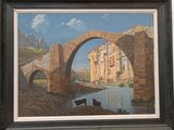 une image d'une peinture représentant un pont sur une rivière