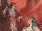 painting of a woman in a red dress standing next to a woman in a red dress