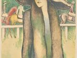 painting of a woman in a large hat and fur coat