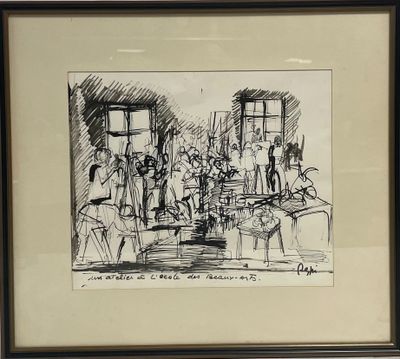 dessin d'un groupe de personnes assises autour d'une table dans une pièce