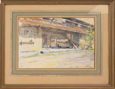 une image représentant une aquarelle d'un bâtiment, dans un cadre