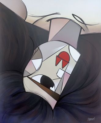 cartoon drawing of a woman with black hair and a white mask