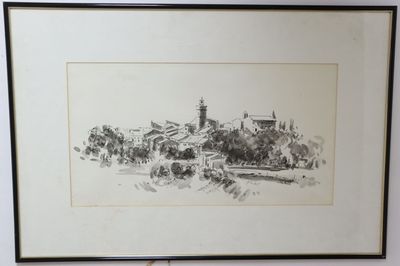 dessin représentant un paysage avec une église et des arbres en arrière-plan