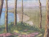 painting of a landscape with trees and flowers in the foreground and a body of water in the distance