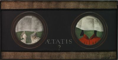 tableau représentant deux cadres ovales dans lesquels figurent un homme et une femme au milieu d'un paysage