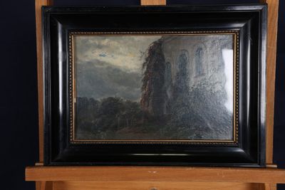 tableau représentant un paysage de montagne avec un château en arrière-plan
