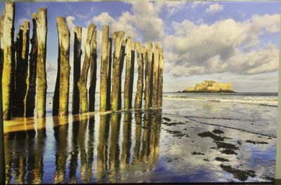 une photo d'une photo représentant une plage avec des poteaux en bois