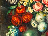painting of a vase of flowers on a table in front of a window