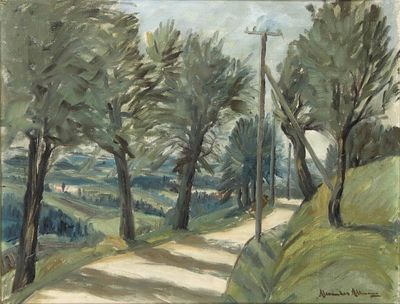tableau représentant une route de campagne bordée d'arbres de chaque côté et sur laquelle se trouve un poteau téléphonique de l'autre côté de la route
