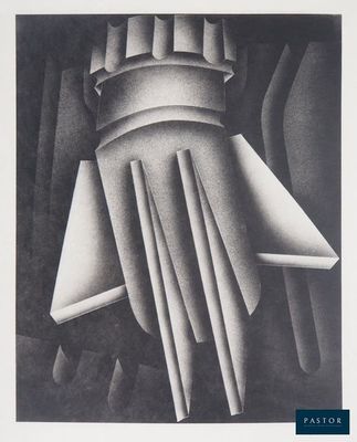 une photo en noir et blanc d'une œuvre d'art avec un bâtiment en arrière-plan