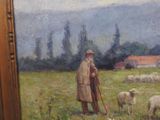 painting of an old man with sheep in a field with a house in the background