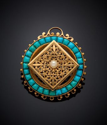 un pendentif-broche en or, turquoise et perles
