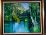 a painting of a painting of a river and trees