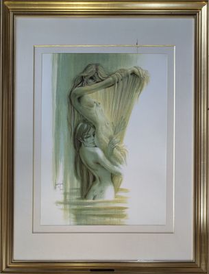 tableau représentant une femme nue tenant un rideau, dans un cadre doré