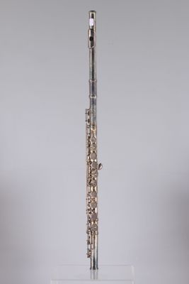an image of a silver flute on a clear stand on a gray background