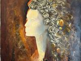 an oil painting of a woman with long hair and curly hair