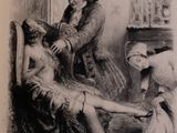 drawing of a woman sitting in a chair with a man standing next to her and a woman standing next to her