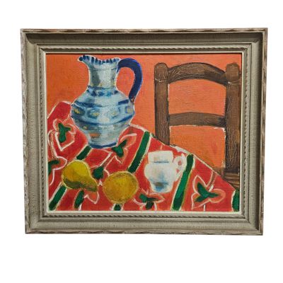a painting of a blue and white vase on a red table cloth
