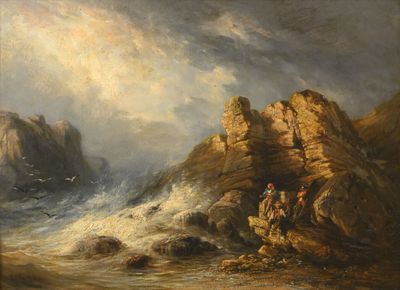 une image représentant un tableau d'une côte rocheuse avec des personnages