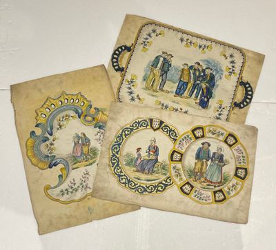 three pieces of old paper with pictures of people and animals on them