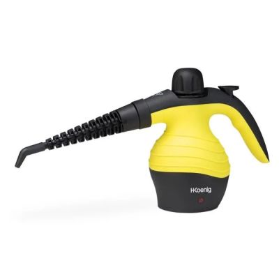 un gros plan d'un nettoyeur à vapeur jaune et noir sur fond blanc