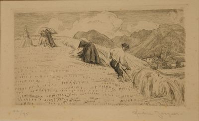 un dessin représentant un homme labourant un champ avec un cheval