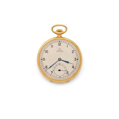 a gold pocket watch on a white background with a blue second hand