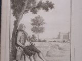 an old picture of a man sitting in a chair under a tree