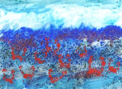peinture abstraite représentant un paysage marin bleu et rouge avec des vagues