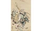 an oriental painting of a man riding a horse with a bird on his back