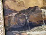 a painting of a man sitting on a rock by a waterfall