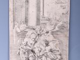 an old drawing of a group of people in a room