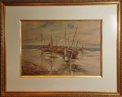 une image d'une peinture de bateaux sur la plage